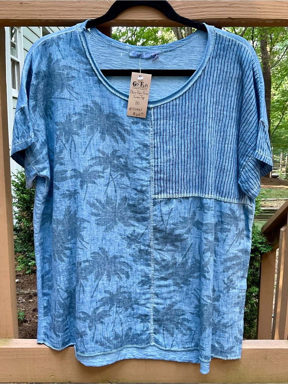 NWT Kaktus Blue Linen Palm Tree Short Sleeve Top